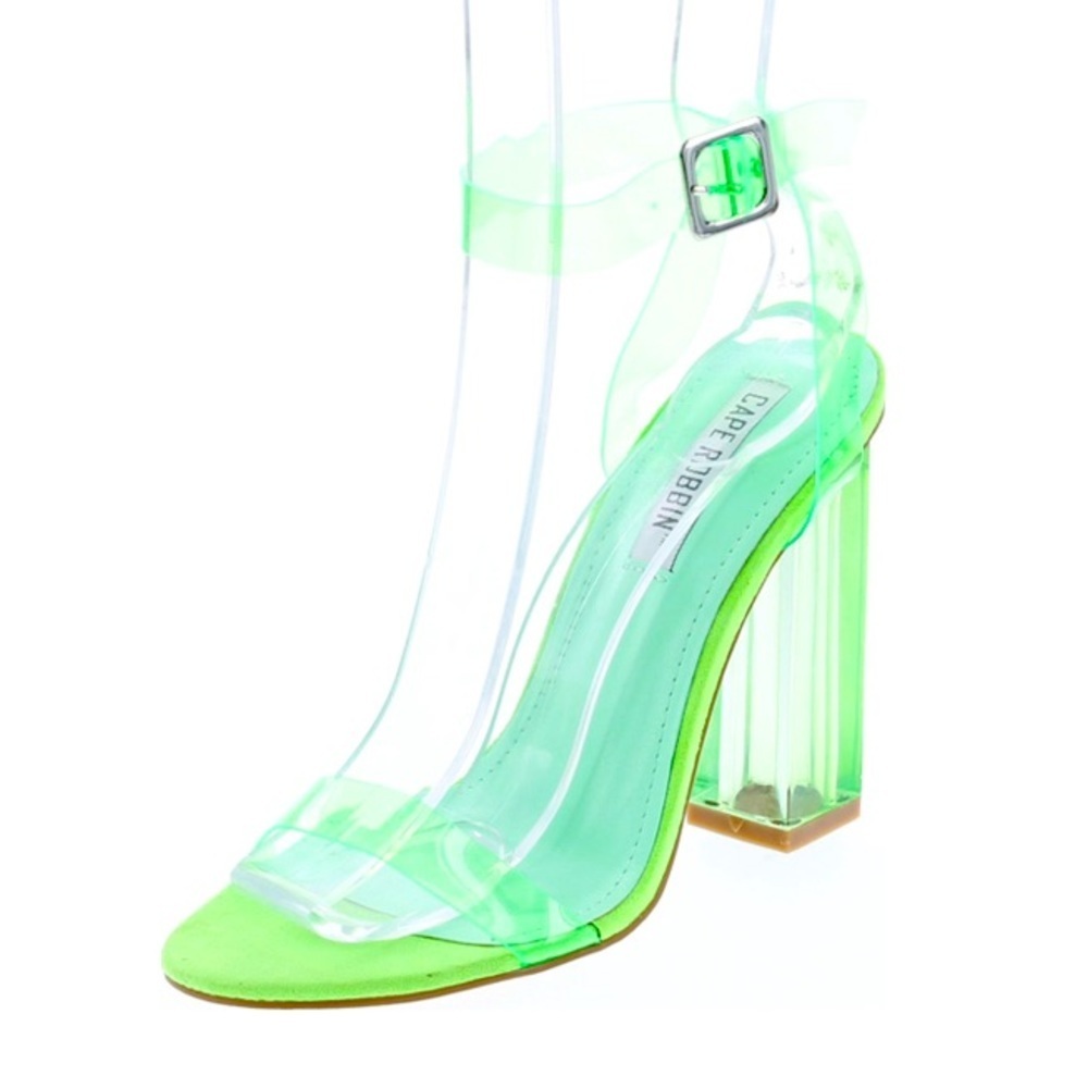Fashion nova neon green clear transparent ankle strap square heel sandals Sz 10